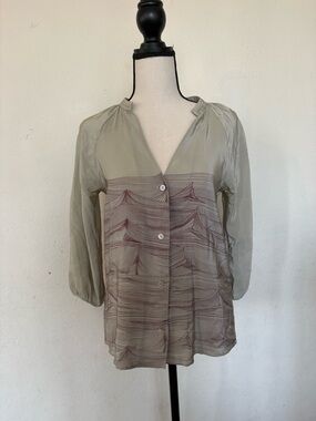 Geren Ford Sage and Mauve Wave-Print Button-Front Blouse